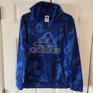 Adidas Hoodie Blue Camo Logo Pullover Youth XL 18/20 Athletic Streetwear Sweatsh